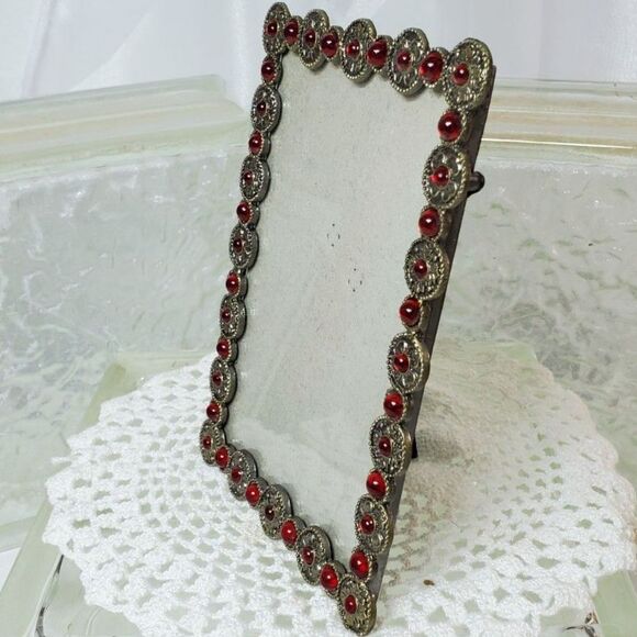 Vintage 5.5"x3.5" Pewter and Red Stones Picture Frame Glamorous and Glitzy - Picture 6 of 14